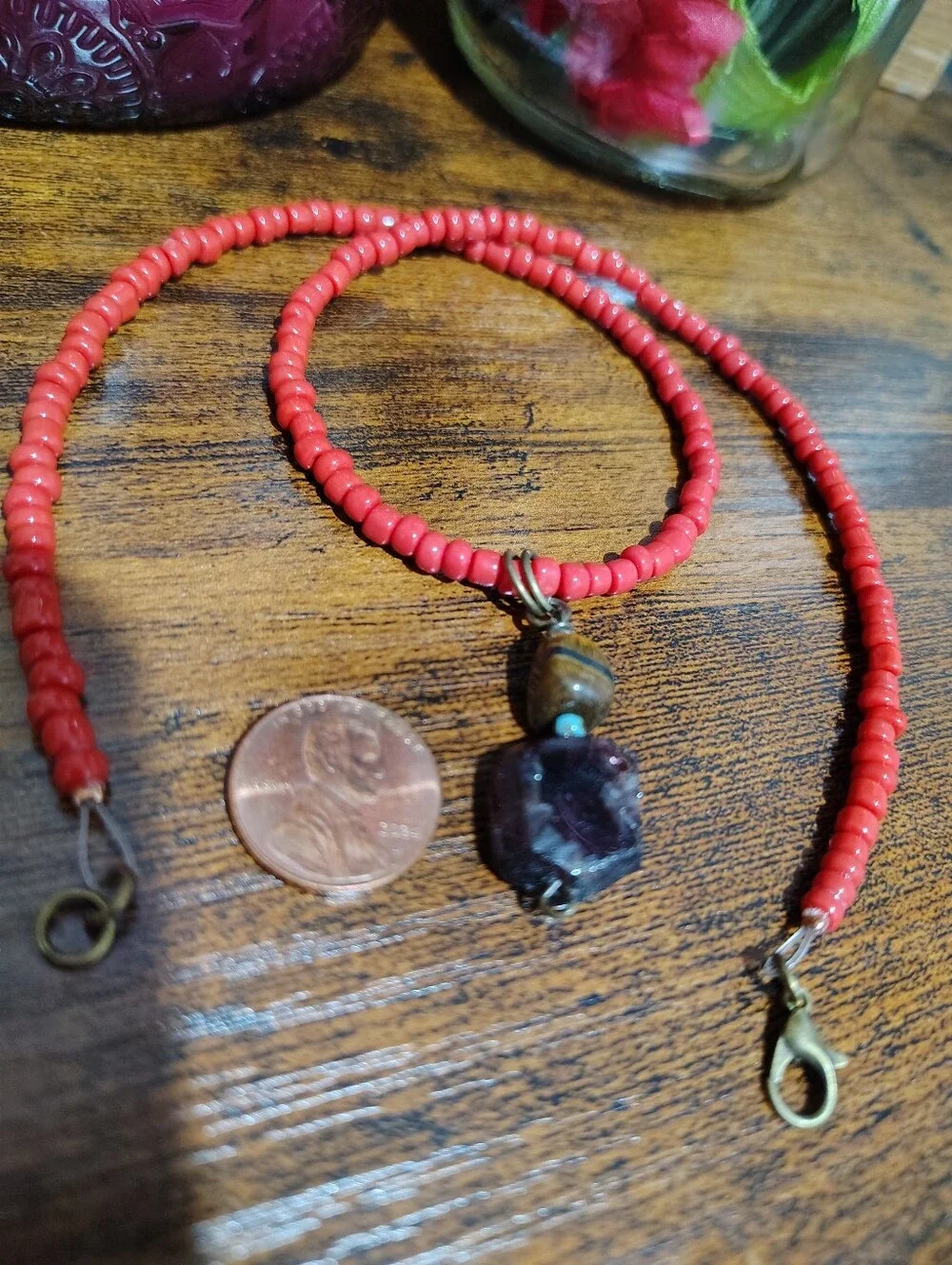Red Beaded Gemstone Pendant Necklace - Men's Necklace